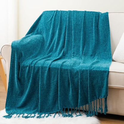 BATTILO HOME Teal Blue Throw Blanket for Couch, Bed, Sofa - Soft Cozy Chenille Throw Blanket with Fringe Tassels, Lightweight Turquoise Green Knit Throw for Home Decor, 50"x60"