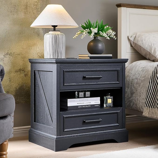 ACCOHOHO 24" Farmhouse Nightstand with Charging Station, 2 Drawers Large Bedside Table with Open Shelf, Rustic End Table for Bedroom - Black
