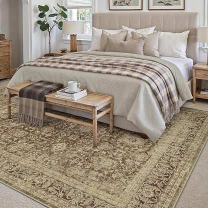 Brown 5x7 Area Rug Non Slip Vintage Living Room Distressed Machine Washable Carpet Retro Indoor Bedroom Floral Traditional Accent Throw Rug for Office Kitchen Dorm Dining Room