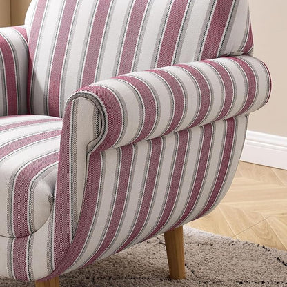VANOMi Mid-Century Accent Chair with Stripe Pattern, Modern Linen Fabric Armchair with Wood Legs, Club Chair for Living Room, Comfy Upholstered Side Chairs for Bedroom, Reading, Small Place (Red)
