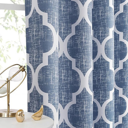 Beauoop 100% Blackout Curtains 63 Inches Long 2 Panels for Bedroom Living Room Blue Moroccan Geo Room Darkening Thermal Insulated Soundproof Grommet Top Window Treatments Drapes, 50x63 Set of 2