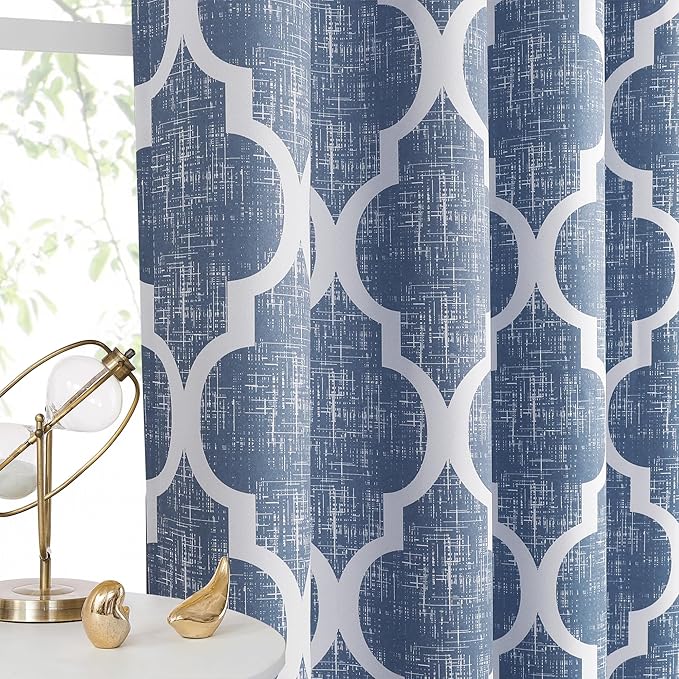 Beauoop 100% Blackout Curtains 96 Inches Long 2 Panels for Bedroom Living Room Blue Moroccan Geo Room Darkening Thermal Insulated Soundproof Grommet Top Window Treatments Drapes, 50x96 Set of 2