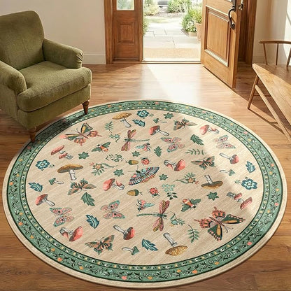 Mushroom Insect 3ft Round Rug Washable Non-Slip Soft Ultra-Thin Small Boho Circle Carpet for Entryway Kitchen Bedroom Nursery Dining Room Khaki Green