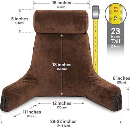 Husband Pillow Medium Chocolate, Backrest for Kids, Teens, Petite Adults - Reading Pillows with Arms, Adjustable Loft, Plush Memory Foam, Bed Rest Chair Sitting Up, Detach Neck Roll, Removable Cover