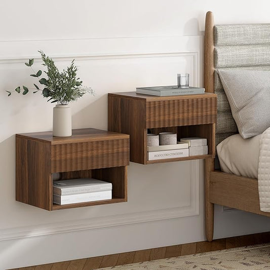 Floating Nightstand Set of 2 with Drawer, Fluted Modern Night Stand with Fluted Door and Open Storage Shelf Wall Mounted Bedside Table for Bedroom, Entryway Brown