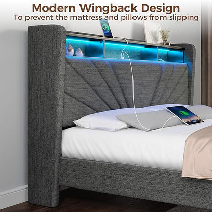Rolanstar Queen Size Bed Frame, Storage Headboard with Charging Station and LED Lights, Upholstered Bed with Heavy Duty Wood Slats, No Box Spring Needed, Noise Free, Easy Assembly, Dark Grey