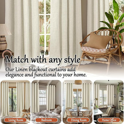 Linen Blackout Curtains for Living Room Narrow Window, Thermal Insulated Complete Light Blocking Privacy Soundproof Small Curtains for Bedroom, Each 38 Inch Wide 80 Inch Length 2 Panels, Natural