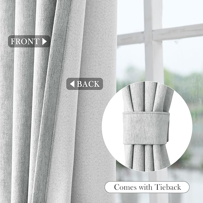 Macochico 100% Blackout Curtains Thermal Insulated Noise Reducing Chenille Curtains for Hotel Auditorium Bedroom Living Room Grommet Medium Gray Curtains with Tieback Classic 52" Wx84 L 1 Panel