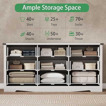 Dresser for Bedroom with 9 Drawers, 59" Wide Modern Chest of Drawers with Deep Drawers & Mental Handle, Wood Dresser TV Stand, Wooden Closet Storage Organizer for Living Room, Hallway, Entryway, White