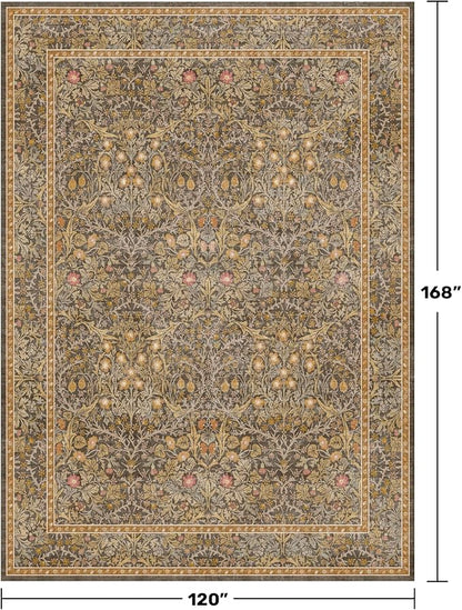 Washable 10x14 Living Room Rug - Brown Oriental Large Area Rug for Dining Room Under Table, Low Pile Non-Slip Floor Carpet for Bedroom Under Bed - Vintage Taupe Design & Stain Resistance