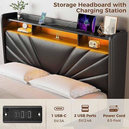 Rolanstar Queen Size Bed Frame, Storage Headboard with Charging Station and LED Lights, Upholstered Bed with Heavy Duty Wood Slats, No Box Spring Needed, Noise Free, Easy Assembly, Black