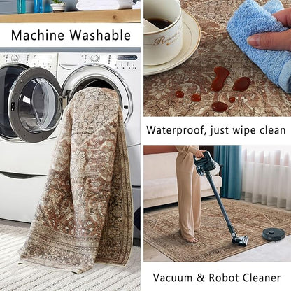 vivorug 3x5 Rug, Small Area Rug for Living Room, Bedroom, Kitchen, Machine Washable Non-Slip Throw Rug, Vintage Carpet for Entryway Nursery Coffee Table - Durable (Earth Tone)