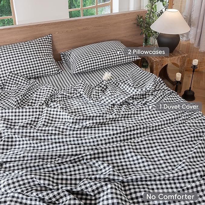 MooMee Gingham Duvet Cover Set 100% Washed Cotton Linen Like Textured Breathable Durable Soft Comfy Modern Checkered Design (Black White Gingham, Full 80"x90")
