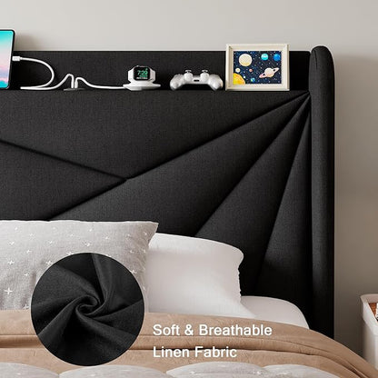 Twin Size Upholstered Bed Frame with Charging Station, Platform Bed Frame with Storage Headboard, Solid Wood Slats Support, No Box Spring Needed, Black