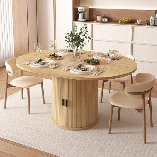 Vipbear Extendable Dining Table 43-59" for 4-6 People, Solid Wood Top with Fluted Slide Door & 8-Compartment Storage, Space Saving Round Dining Room Kitchen Dinner Tables Furniture with Pedestal Base