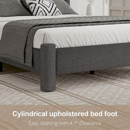 King Size Bed Frame, Boucle Upholstered Platform Bed with Headboard and Footboard, Soft Rounded Corners, No Box Spring Required, Easy Assembly, Dark Grey