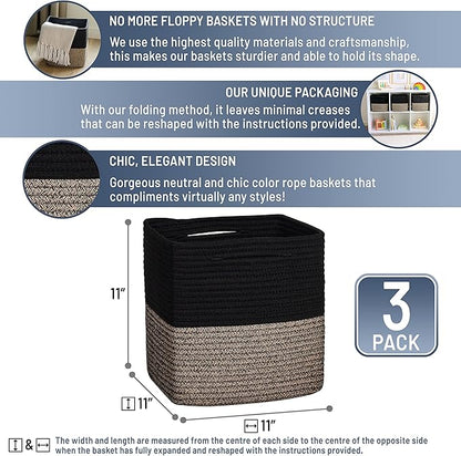 NaturalCozy Storage Cubes 11 Inch Cotton Rope Woven Baskets for Organizing, 3-Pack | Cube Storage Bin | Square Storage Baskets for Shelves Organizer, Classroom, Kids Toy Bins, Closet, Baby Nursery