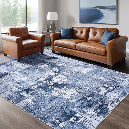 Area Rug Living Room Rugs - 5x7 Washable Large Soft Indoor Neutral Modern Abstract Low Pile Rug Carpet for Bedroom Dining Room Farmhouse Home Office - Navy Blue
