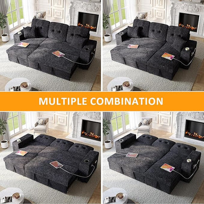 90 Inch Sleeper Sofa Bed, 4 in 1 Pull Out Couch Bed with Adjustable Backrest | Reversible Storage Chaise | Wide Armrest | Tool Free Assembly, Sectional Couches for Living Room, Navy Blue