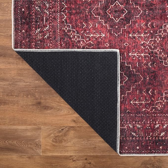 Bloom Rugs Washable Non-Slip 6' x 9' Rug - Dark Red Traditional Bordered Area Rug for Living Room, Bedroom, Dining Room, and Kitchen - Exact Size: 6' x 9'