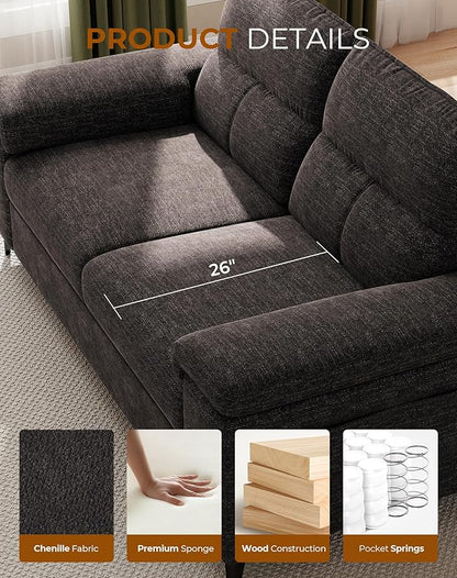 88.97" Modern Sofa Couch for Living Room, Deep Seat Sofa with 8”Cushion, Comfy 2-Seater Chenille Loveseat Sofa with Convertible Armrest, Removable Sofa Cover, High Leg (Dark Gray)