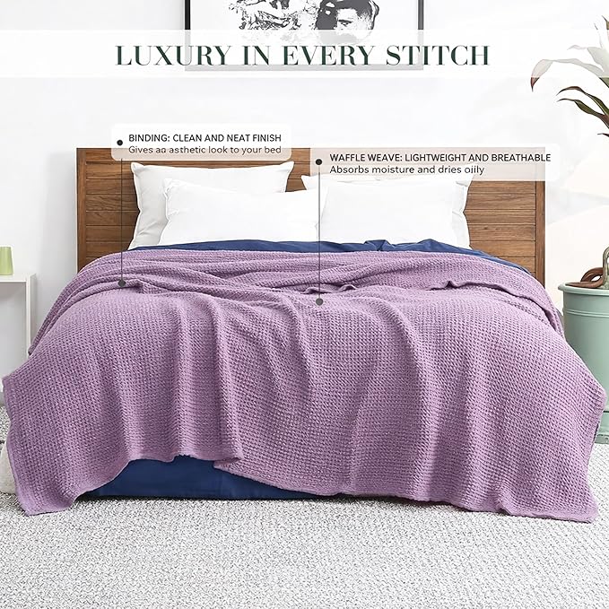Salt Earth 100% Cotton Throw Blanket, Queen, 90"X92" Waffle Throws for Home, Bedrooms, Outdoor Couch Office Couch, Modern Cozy Room Decor Blankets, Lightweight, All Season Western Blanket (Lavender)