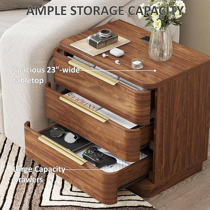 Nightstand Bedside Table with 3 Storage Drawers, 24" Tall Wood Night Stand with Charging Station, Modern Wide End Table Side Table W/Metal Handle Curved Profile for Bedroom