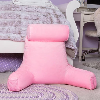 Husband Pillow Medium Pink, Backrest for Kids, Teens, Petite Adults - Reading Pillows with Arms, Adjustable Loft, Plush Memory Foam, Bed Rest Chair for Sitting Up, Detach Neck Roll, Removable Cover
