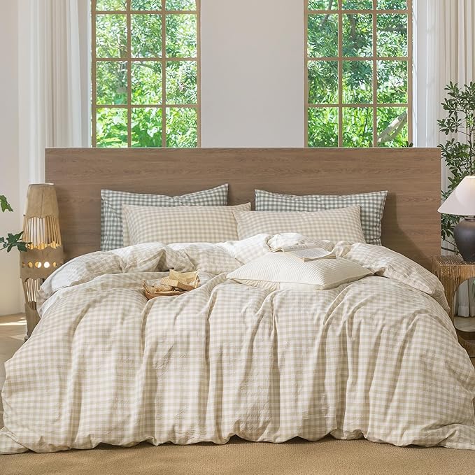MooMee Gingham Duvet Cover Set 100% Washed Cotton Linen Like Textured Breathable Durable Soft Comfy Modern Checkered Design (Almond Milk Grey Gingham, Super Queen 90"x98")
