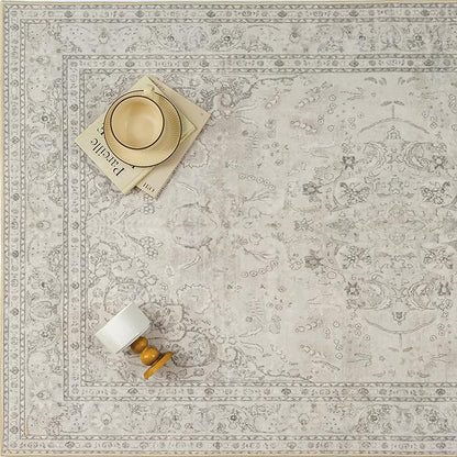 Beige 6x9 Area Rug Washable Vintage Carpet for Living Room Bedroom Large Soft Retro Floral Low Pile Thin Indoor Rug Non Slip Central Medallion Floor Cover for Dining Room Office