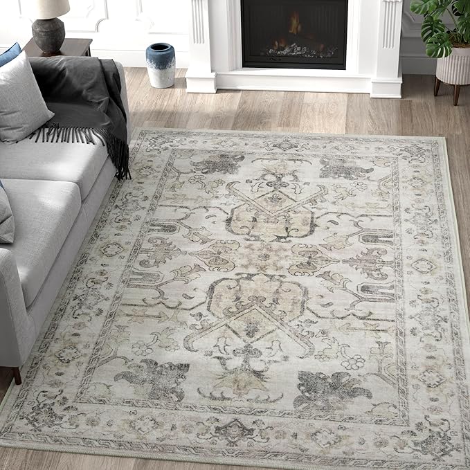 jinchan 5x7 Area Rugs Machine Washable Vintage Floral Throw Rug for Living Room Soft Ultra-Thin Low Pile Non-Slip Carpet for Kitchen, Bedroom, Dining Room, Nursery (5x7ft, Taupe)