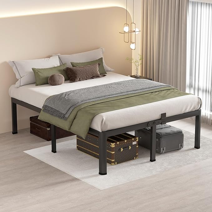 MAF 16 Inch King Size Bed Frame with Round Corner Legs Mattress Slide Stopper No Box Spring Needed Heavy Duty Metal Platform Bed Frames Under-Bed Storage Space, 3000 LBS Steel Slats Support