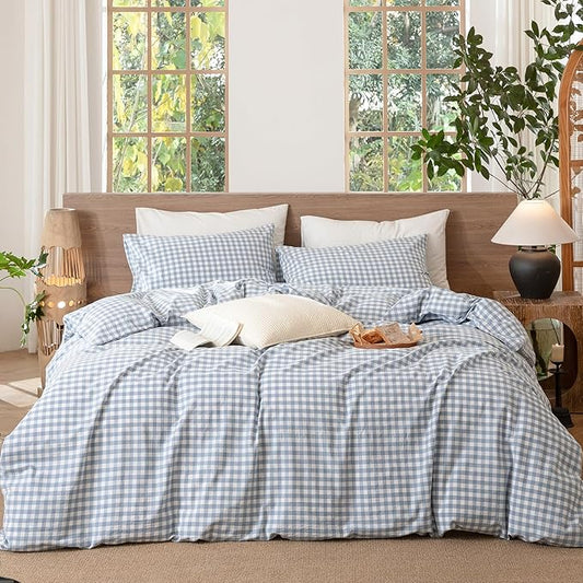 MooMee Gingham Duvet Cover Set 100% Washed Cotton Linen Like Textured Breathable Durable Soft Comfy Modern Checkered Design (Classic Gingham Cornflower Blue, Palatial King/Oversized King 120"x98")