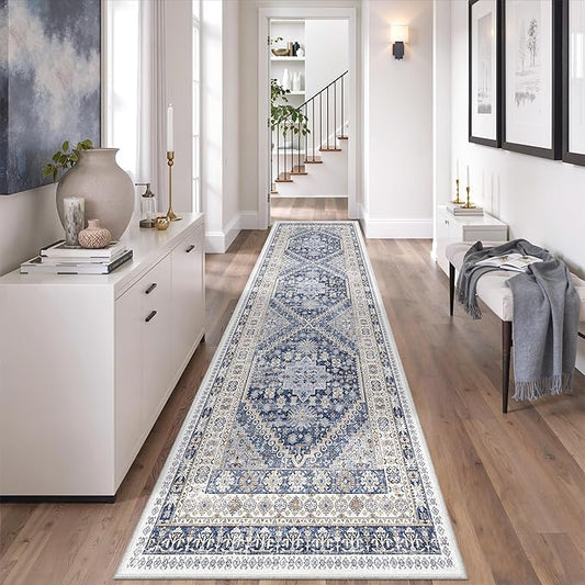 zesthome Washable Runner Rug 2.5x8 - Stain Resistant Entryway Rug,Ultra-Thin Kitchen Rugs, Anti Slip Backing Runner Rugs for Entrance Laundry Room Indoor Hallway (Blue/Beige,2.5'x8')