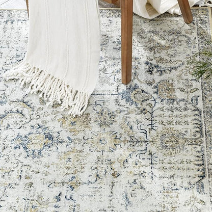 jinchan Kalen Area Rug 2x3 Washable Entryway Rug Vintage Doormat Indoor Entrance Lightweight Thin Retro Distressed Door Mat Floral Print Country Boho Non Slip Carpet for Bathroom Kitchen Bedroom Blue
