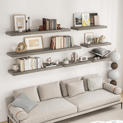 RICHFOCUS 72Inch Floating Shelves for Wall 1 Pack Shelves for Bedroom|Kitchen|Bathroom Wall Mounted Rustic Wood Floating Shelf with Invisible Brackets for Books|Storage|Decor, Grey