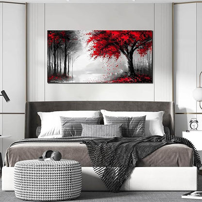 Large Canvas Wall Art for Living Room Black White and Red Forest Print Pictures Painting Framed Wall Decor for Bedroom Modern Home Plant Scenery Wall Decorations Artwork Size 24x48 Ready to Hang