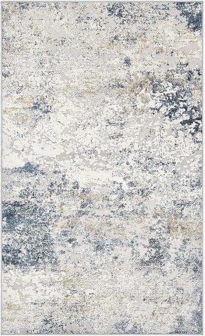 Washable Area Rug: 3x5 ft Abstract Small Rugs for Entryway Kitchen Living Room Bedroom - Non Slip Modern Neutral Carpet Indoor Front Door - Beige Blue