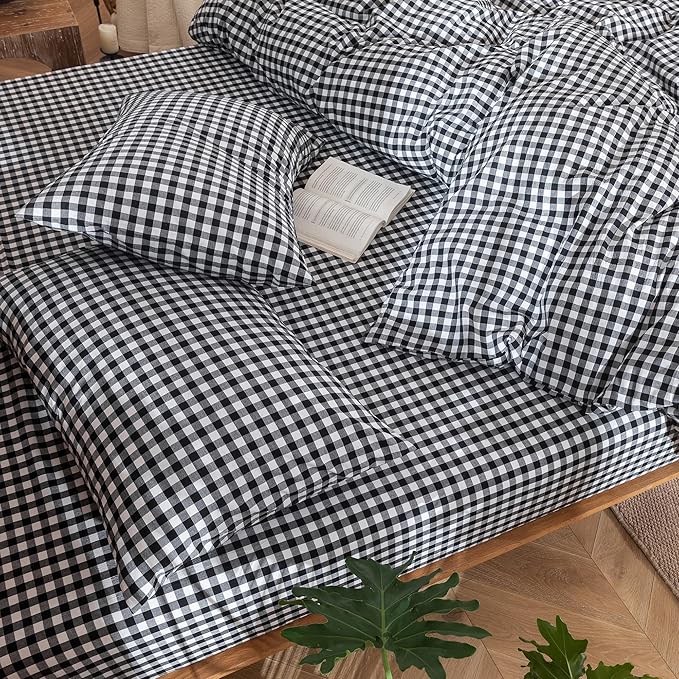 MooMee Gingham Duvet Cover Set 100% Washed Cotton Linen Like Textured Breathable Durable Soft Comfy Modern Checkered Design (Black White Gingham, King 104"x90")