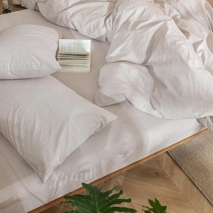 MooMee Striped Duvet Cover Set 100% Washed Cotton Linen Like Textured Breathable Durable Soft Comfy (Orange Pinstripes, Super Queen 90"x98")