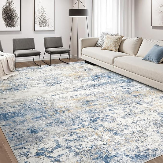 Area Rug Living Room Rugs - 6x9 Abstract Large Soft Indoor Washable Rug Neutral Modern Low Pile Carpet for Bedroom Dining Room Farmhouse Home Office - Blue