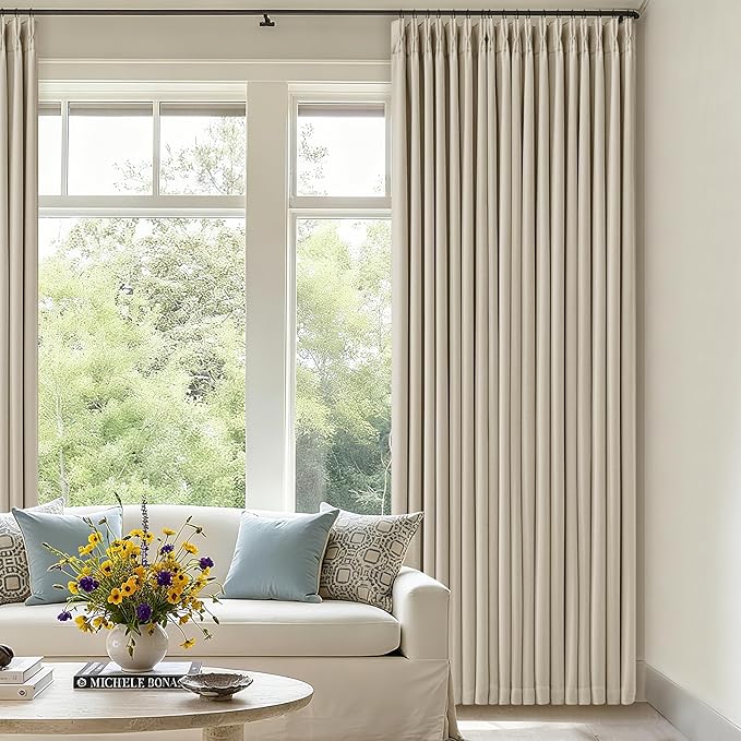 Pinch Pleated Blackout 96 Inch Bedroom Curtains 70 Inch Wide Linen Dual Layer Soundproof Farmhouse Window Curtains for Living Room Hooks Rings Back Tab 100% Black Out Drapes Beige Oatmeal 1 Panel