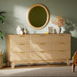 Fluted Dresser with 9 Drawers, 63" Wide Modern Chest of Drawers with Metal Handle, Wooden Dresser TV Stand, Wood Closet Clothes Storage Organizer for Bedroom, Living Room, Hallway, Natural Oak
