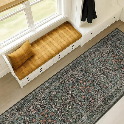 Non Slip 2x6 Kitchen Runner Rug Washable, Rubber Backed Hallway Runner Rugs, Boho Vintage Floral Botanical Dark Green Non Skid Carpet for Entryway, Bathroom, Hall Way Mats for Floor