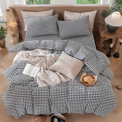 MooMee Gingham Duvet Cover Set 100% Washed Cotton Linen Like Textured Breathable Durable Soft Comfy Modern Checkered Design (Black White Gingham, Full 80"x90")