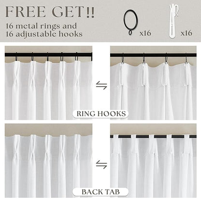 Pinch Pleated White 36 Inch Length Kitchen Curtains 2 Panels Set Linen Blend Semi Sheer Privacy Pinch Pleat Back Tab Light Filtering Curtains for Bathroom Window Small Window Drapes for Laundry