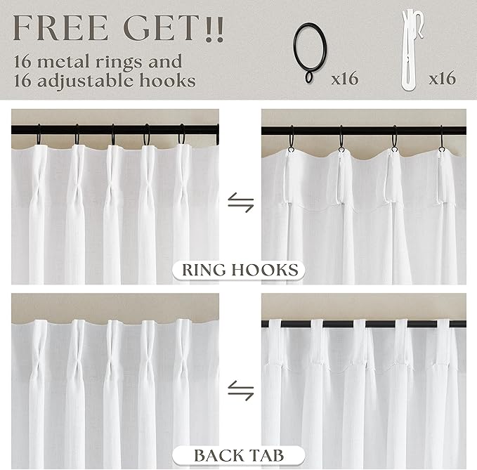 White Linen Pinch Pleated Curtains 84 Inches Long 2 Panels for Living Room Bedroom Snow White Textured Linen Pleated Hooks Rings Back Tab Elegant Luxury Light Filtering Curtain Drapes 84 Inch Length