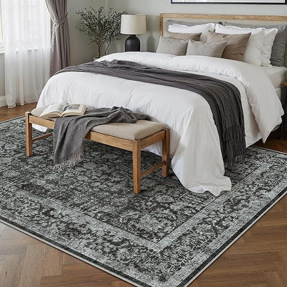 Dark Black Area Rug 8x10 Machine Washable Large Vintage Living Room Distressed Non Slip Carpet Traditional Indoor Bedroom Retro Floral Accent Throw Rug for Office Kitchen Dining Room