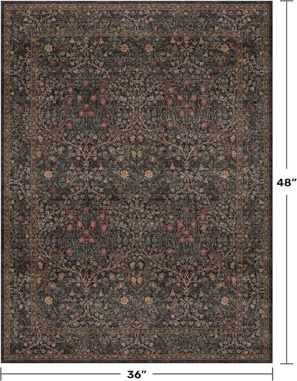 Vintage Dark Brown 3x4 Entryway Rug, Washable Small Area Rugs for Entryway,Kitchen,Bathroom,Door Mat,Indoor Entrance, Oriental flolal Low Pile Stain Resistant Non-Slip Large Rug
