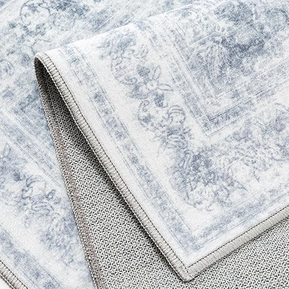 Washable Rug 9x12 Area Rug for Living Room Blue Vintage Boho Medallion Large Distressed Retro Carpet Non Slip Indoor Low Pile Small Soft Bedroom Dining Room Home Office